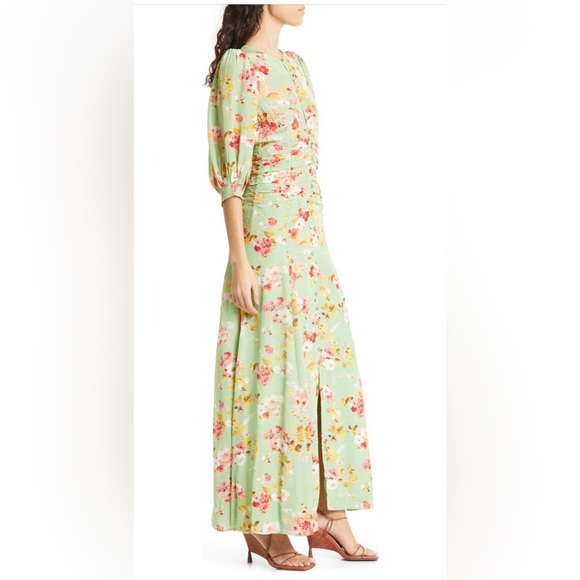 ByTimo Satin Green Bouquet Floral Print Ruched Gown - Picture 4 of 10